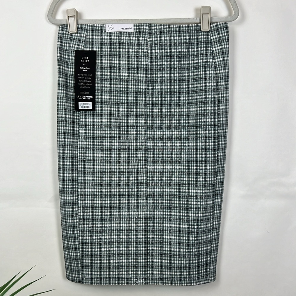 NWT Liverpool Bia Knit Pencil Skirt Herringbone Plaid Blue Gray White 8 - Picture 2 of 11